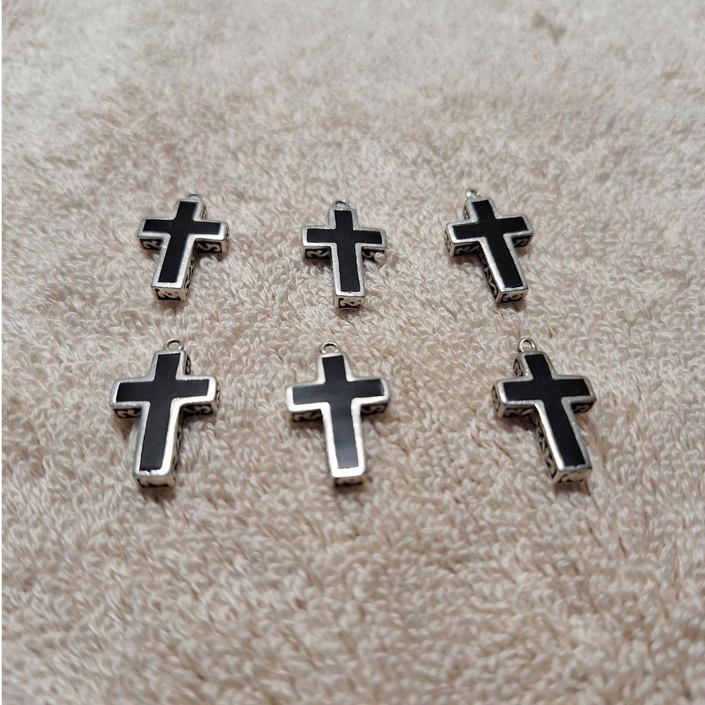 Sterling silver cross charms pendants with black enamel set of 6